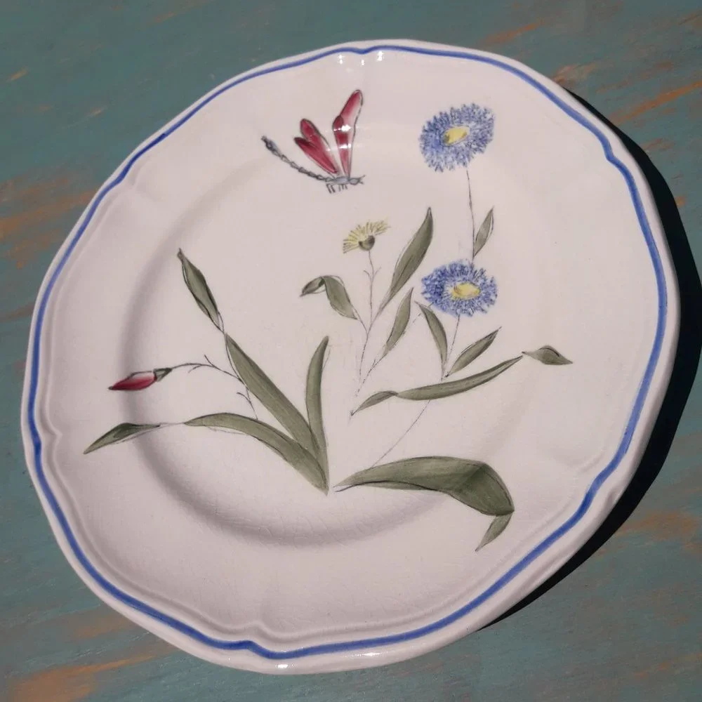Longchamp plate Made in France Dragonfly Hand Painted Blue Flowers Rare - Picture 2 of 10